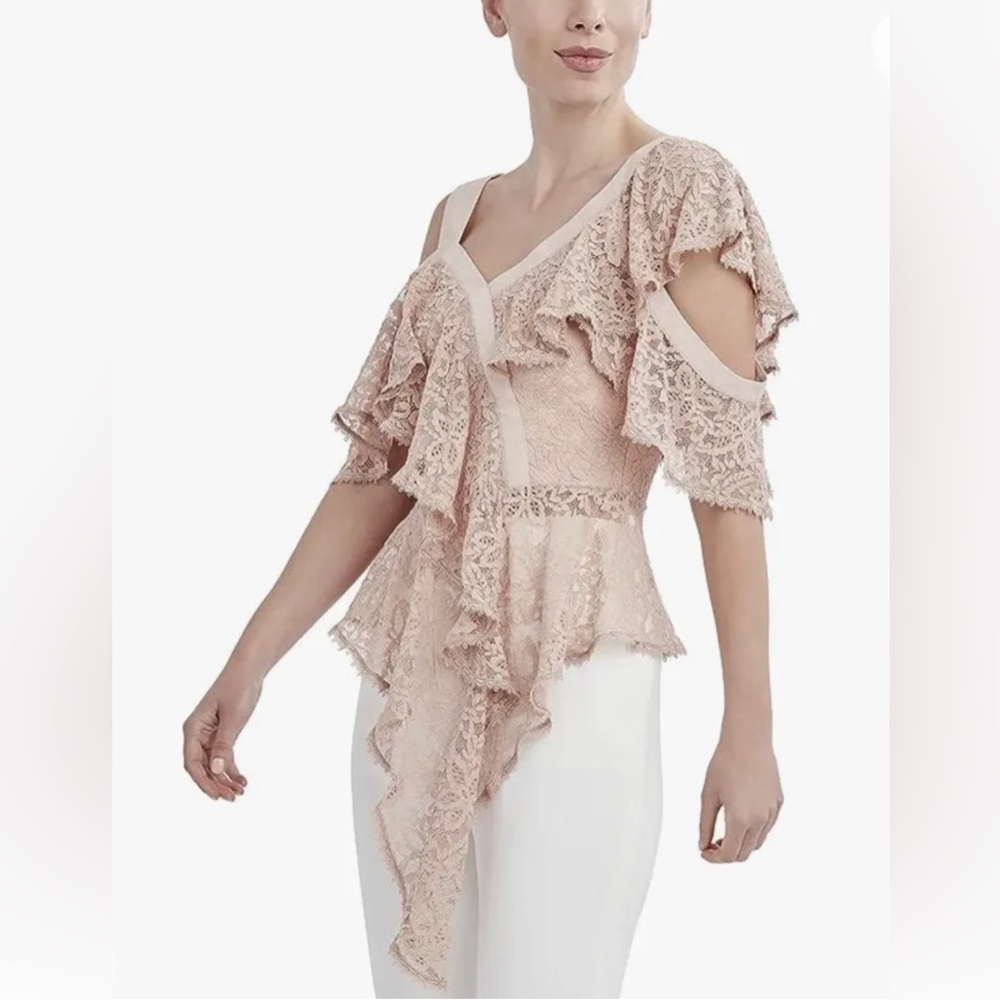 BCBGMAXAZRIA Asymmetrical Cold Shoulder Top Lace Ruffle Peplum Pink XXS NWT